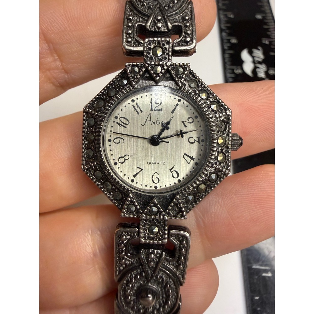 Antique Women Quartz Watch Marcasite Style Silver Tone Octagon Face Ornate Link